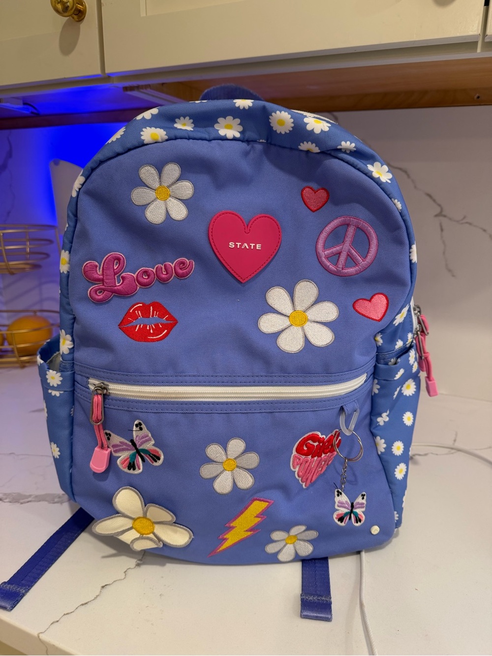 STATE Kids Blue Daisy Patch Backpack with Heart & Peace Motifs